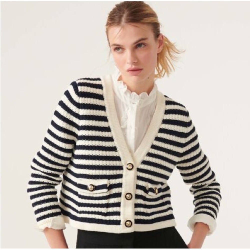 Ba&sh Gamden Navy White Striped Knit Cardigan Sweater Large Stripes Lady Chunky